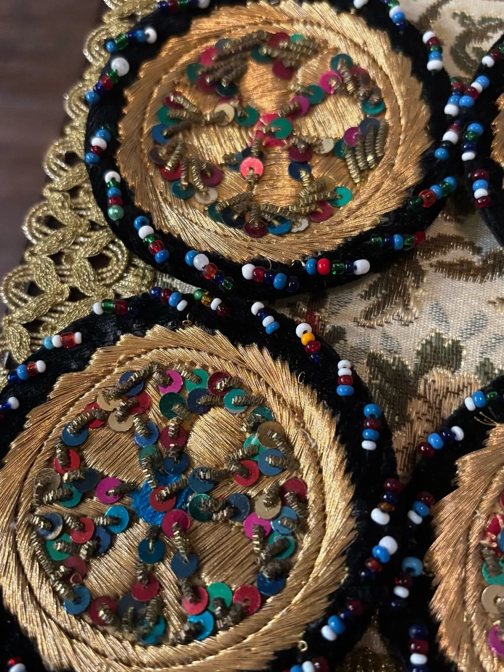 Vintage Handmade Zardozi Style Velvet Coasters Set of 11 Gold Embroidery Beads